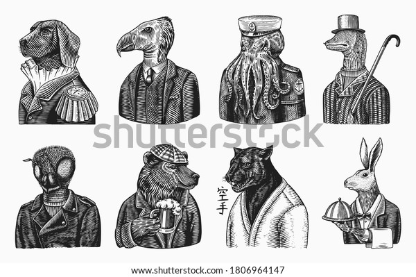 Grizzly Bear with a beer mug. Octopus sailor and\
Hare or Rabbit waiter. Dog officer and bird. Black panther and Bee\
biker. Japanese text means: karate. Fashion animal character. Hand\
drawn sketch.