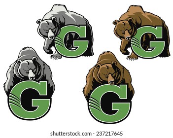 A Grizzly bear behind the letter "G"./Grizzly Bear/Grizzly Bear Logo