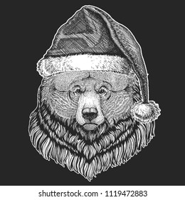 Grizzly bear Big wild bear Christmas, new year celebration. Santa Claus winter hat. Xmas headdress.