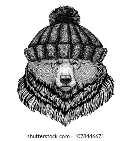 Grizzly bear Big wild bear Cool animal wearing knitted winter hat. Warm headdress beanie Christmas cap for tattoo, t-shirt, emblem, badge, logo, patch