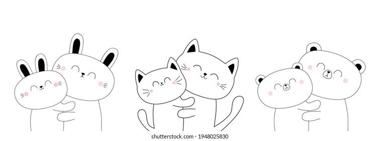 Grizzly bear bunny rabbit cat kitten kitty hugging couple family set. Hug, embrace, cuddle. Cute kawaii funny cartoon character. Happy Valentines day. Baby pet background. Flat design. Vector