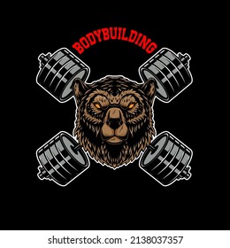 Grizzly bear with crossed barbells. Design element for logo, emblem, sign, poster, t shirt. Vector illustration