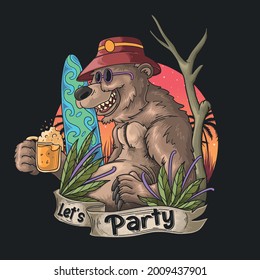 grizzly bear drink beer and enjoy the summer holiday 