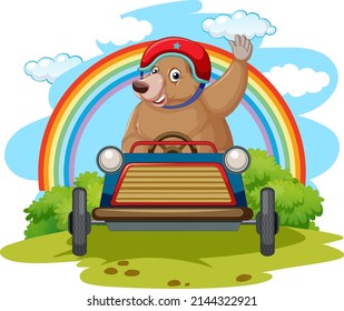 Grizzly bear driving a toy car illustration