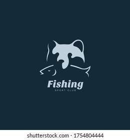 Grizzly bear with a fish logo design template for a dark background. Vector illustration.