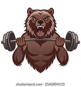 Grizzly Bär mit Fitness-Langhantel im Mund. Design-Element für Logo, Emblem, Zeichen, Poster, T-Shirt. Vektorgrafik, Vektor einzeln auf weißem Hintergrund. 