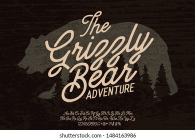 The Grizzly Bear. Hand made script typeface. Sans script. Forest outline. Nature flat landscape. Texture background.