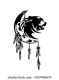 grizzly bear head and crescent moon - tribal style feathered dream catcher black and white vector design