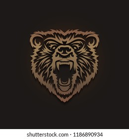 Grizzly bear head emblem. Tattoo style wild animal logotype template. Snarling bear mouth wide open. Vector vintage illustration.