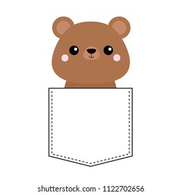 Grizzly bear head face in the pocket. Pink cheeks. Doodle linear sketch. Cute cartoon character. T-shirt design. Dash line. Pet animal. White black color. Baby background. Flat Vector illustration