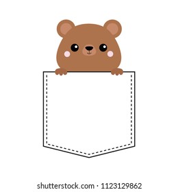 Grizzly bear head face in the pocket. Pink cheeks. Holding paw hands. Doodle linear sketch. Cute cartoon character. T-shirt design. Dash line. Pet animal. White black color Baby background Flat Vector