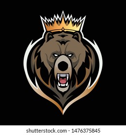 grizzly bear head, face wearing a crown mascot for e sport logo, vector