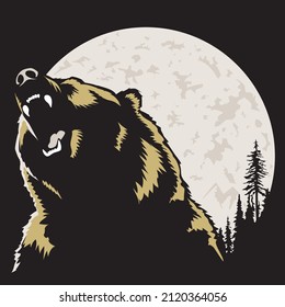 grizzly bear head howling in front of moon