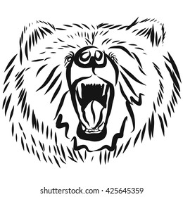 grizzly bear head, rearing angry pose, front view illustration isolated on white background