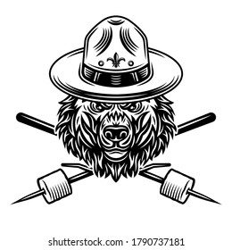 Grizzly bear head in scout hat and two crossed marshmallow on wooden sticks vector monochrome illustration on white background