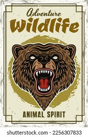 Grizzly bear head vector decorative poster in vintage style. Illustration with sample text and grunge textures on separate layers