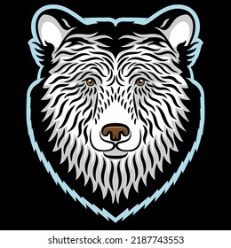 Grizzly bear head vector drawing. The illustration of the head of a bear is drawn with black and white strokes. Isolated on black background. Can be used for printing on t-shirts, posters, stickers. 