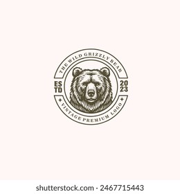 grizzly bear head vintage retro badge label stamp logo design vector illustration