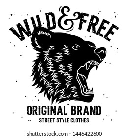 Grizzly Bear head. Wild and Free t-shirt design. Trendy Graphic Tee. Vector illustration with grunge effect