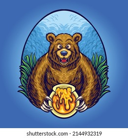 grizzly bear with honey bee cartoon illustration for your work logo, merchandise t-shirt, stickers and label designs, poster, greeting cards advertising business company