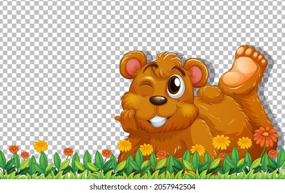 Grizzly bear laying on green grass on transparent background illustration
