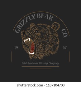 Grizzly Bear logo. Grunge label print. Angry roar of a predator. Badge or emblem Engraved hand drawn old monochrome Vintage face sketch t-shirt. wild animal. Vector illustration.