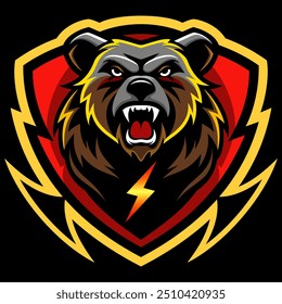 A grizzly bear logo and thunder icon on a shield, badge, mascot. use for decoration a basketball team logo, a football team, or a sports team, isolated on black background.