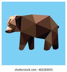 Grizzly bear low poly design isolated on blue background with white outline. Animal card.