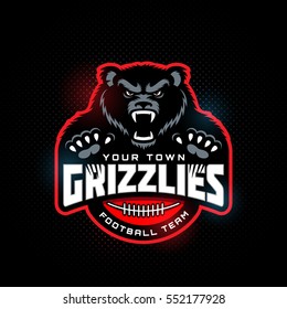 Grizzly bear mascot for a football team on a dark background. Vector illustration.