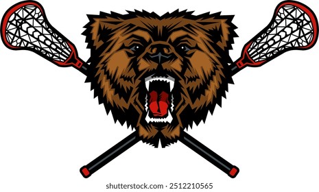 grizzly bear mascot head with crossed lacrosse sticks for school, college or league sports