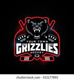 Grizzly bear mascot for a hockey team on a dark background. Vector illustration.