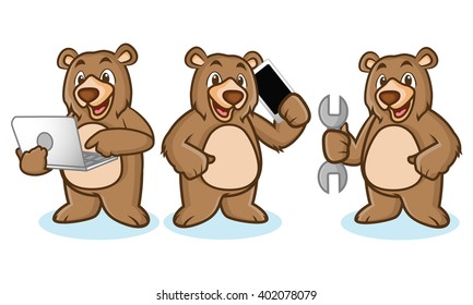 Grizzly Bear Mascot with laptop, phone and toools