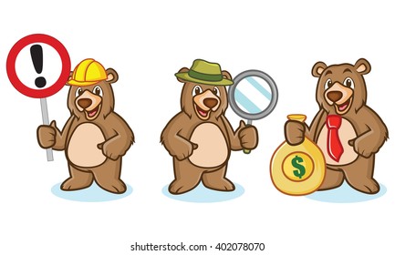 Grizzly Bear Mascot with money, sign and magnifying