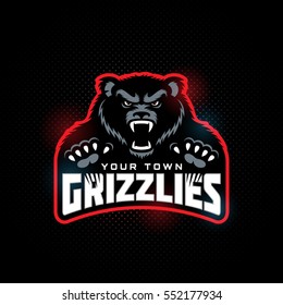 Grizzly bear mascot for a sport team on a dark background. Vector illustration.