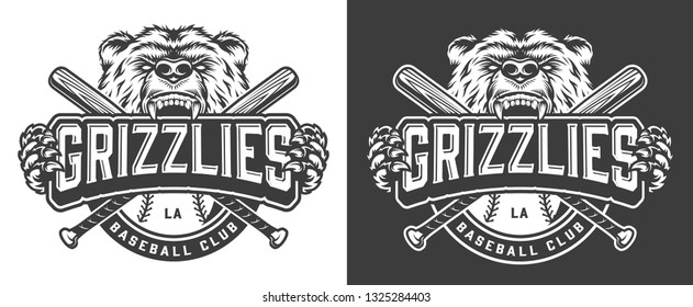 Grizzly bear mascot vintage badge with crossed baseball clubs in monochrome style isolated vector illustration