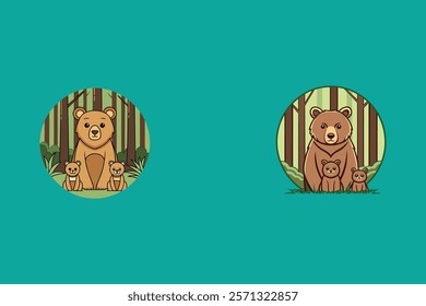 Grizzly bear mother with cubs in a dense forest, detailed vector artwork showcasing nature's beauty.