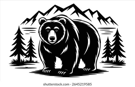 Grizzly bear in mountain landscape silhouette