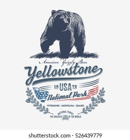 Grizzly bear, national Park Yellowstone, illustration, vector, blue color