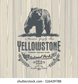 Grizzly bear, national Park Yellowstone, illustration, vector, on wooden background