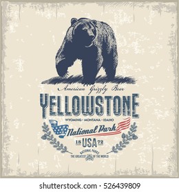 Grizzly bear, national Park Yellowstone, illustration, vector, vintage