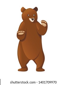 Grizzly bear. North America animal, brown bear. Cartoon animal design. Flat vector illustration isolated on white background. Bear stand on two legs, front view. Big cute dangerous animal.