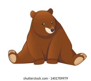 Grizzly bear. North America animal, brown bear. Cartoon animal design. Flat vector illustration isolated on white background. Bear sitting, front view. Big cute dangerous animal.