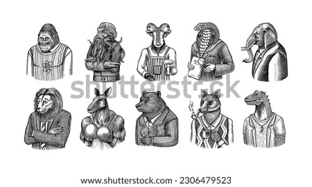 Grizzly Bear, Octopus, t-rex dinosaur, Elephant, Indian cobra snake, Fox with a smoking pipe, lion, Monkey scientist Goat with beer. Gentleman Fashion animal character in a suit. Hand drawn sketch.