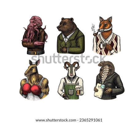 Grizzly Bear, Octopus, t-rex dinosaur, Elephant, Indian cobra snake, Fox with a smoking pipe, lion, Monkey scientist Goat with beer. Gentleman Fashion animal character in a suit. Hand drawn sketch.