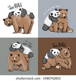 Grizzly Bear And Panda Hugs. Humor Textile Composition, Hand Drawn Style Print. Vector Illustration.