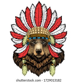 Grizzly bear. Portrait of wild animal. Indian headdress with feathers. Boho style.