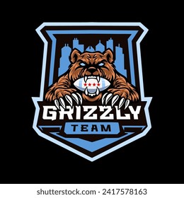 Grizzly bear with rugby ball and city background esport logo mascot design