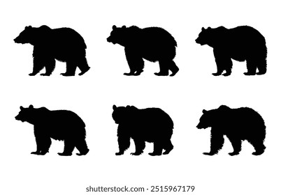 Grizzly Bear Silhouette Vector Bundle, Black Bear Walking Black Clipart Set