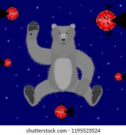 Grizzly bear sits and waves a paw surrounded by red fish.