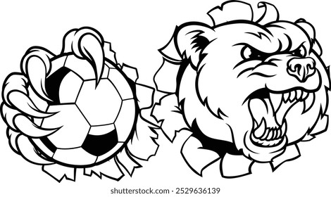 A grizzly bear soccer football animal mascot holding a ball in his claw